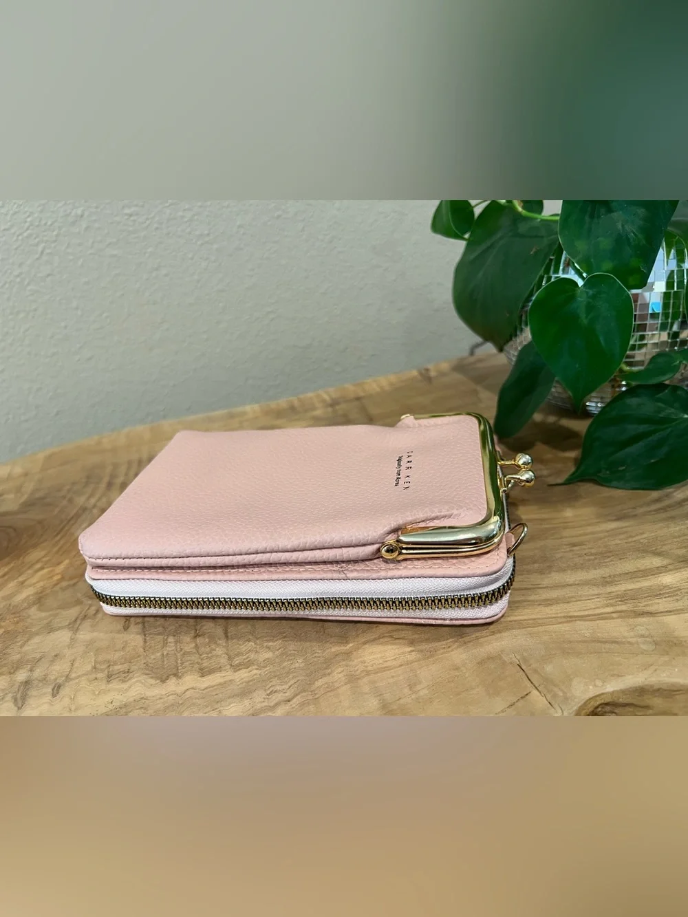 Carr Ken Pink Pebbled Leather Phone Wallet with Gold Frame